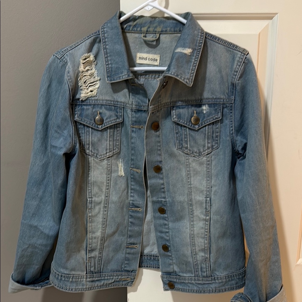 Mind Code Women's Light Blue Distressed Denim Jacket